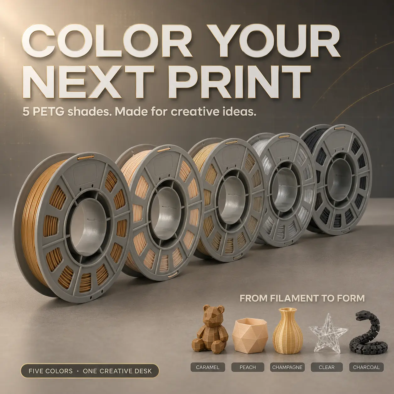 5-Pack Assorted Pack Translucent High-Purity PETG 3D Printer Filament, 1.75mm, 300g Per Spool, 5 Earth Tones, Low Warp, Tangle-Free, Individually Vacuum-Sealed for Most FDM 3D Printers