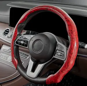 Anti-Skid  Car Wood Grain Steering Wheel Cover, Auto Steering Wheel Protector, Automotive Interior Accessories, Universal Fit For 15inch Steering Wheel - Red