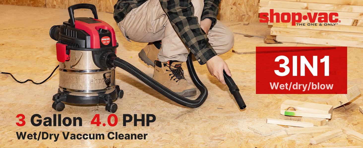 #backtoschool Shop-Vac 3 Gallon 4.0 HP Wet/Dry Vacuum with Blower Function, Stainless Steel Tank, Portable Shop Vacuum with Wheels, Includes Filters, Hose & Accessories, Ideal for Garage and Workshop