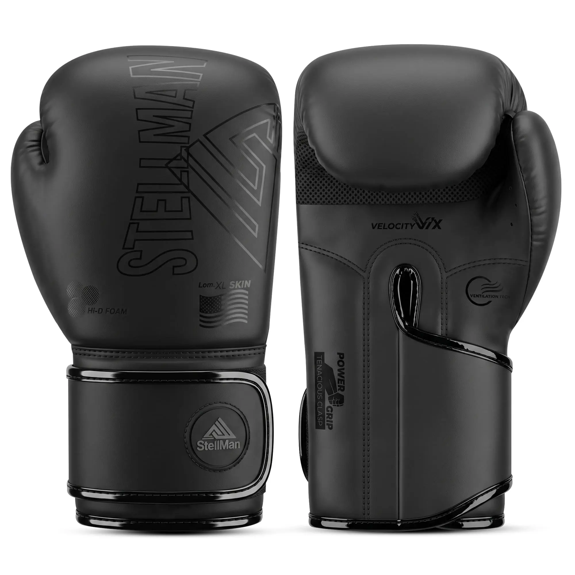 StellMan Shadow Pro Full Boxing Gloves - Matte Black, Quick-EZ Hook & Loop Adjustable Fit, Sturdy Build, Multi-Size Oz Options (Incl.10oz), Attached Thumb, Shock-Absorbing Padding, Ergonomic Design, for Gym Workouts