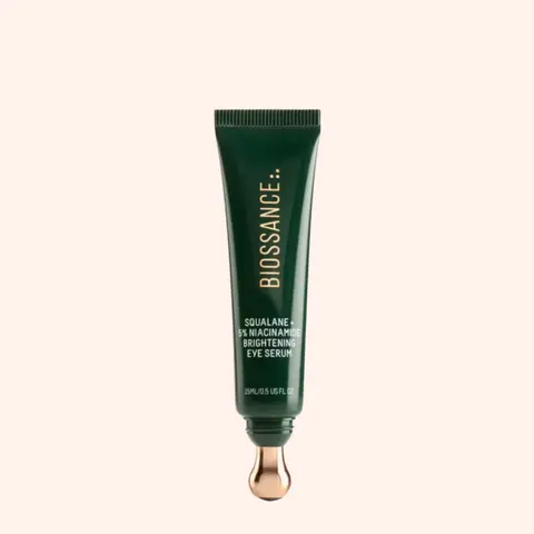 Biossance Squalane + 5% Niacinamide Eye Serum – Brightening & Depuffing Treatment for Dark Circles – Vitamin C & Caffeine Formula – Stainless Steel Rollerball for Soothing Massage – For All Skin Types