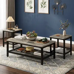 Industrial Coffee Table Set of 3, Multifunctional Living Room Table with Metal Frame, Sturdy Coffee Table & 2 Square End Side Tables, Space Saving Accent Furniture for Home Apartment Office Bedroom Guest Room Daily Use
