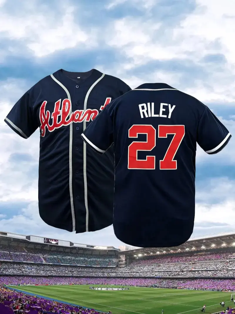 Men's Atlanta Stitched Baseball Jersey Loose-Fit Breathable Short Sleeve Baseball Shirt, Sporty Style, Sports Jersey, All-Season Wear, Deep Blue Letter & Number Embroidery Design, Embroidered Baseball Jersey, Sports Tops, Athletic Tops