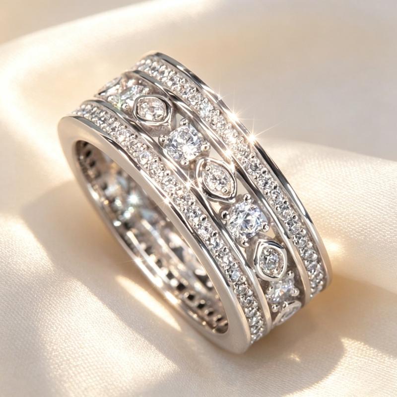Women's 1-Pc Copper-Plated Multi-Row Mix Micro Pave Zircon Band Ring, Secure Stone Fashion Jewelry for Casual & Party Wear