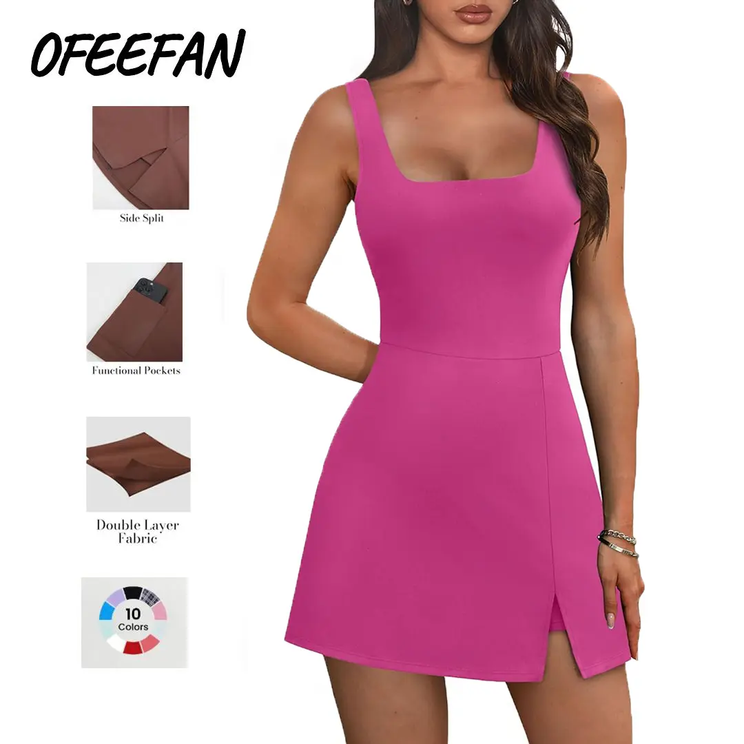 OFEEFAN Athletic Dress for Women Mini U Neck Sleeveless Built in Shorts with Pockets Tennis Golf Graduation