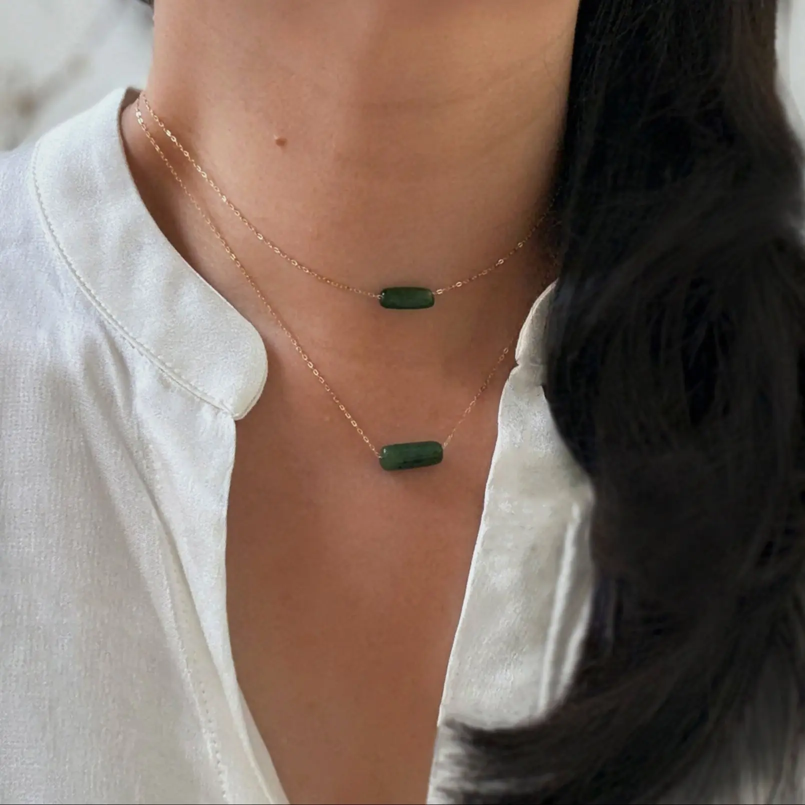 Dainty Jade Bar Necklace with Gold Filled Chain