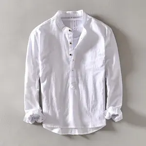Men’s cotton-linen casual slim-fit solid-color stand-up collar pullover long-sleeve shirt