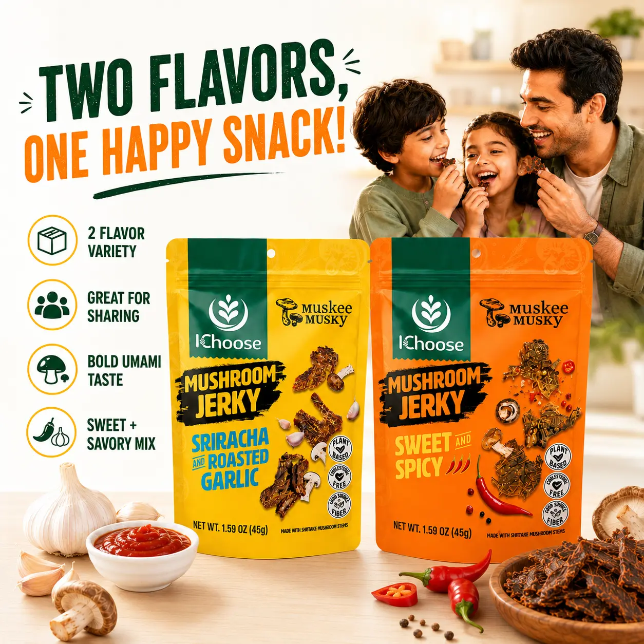 Vegan Plant-Based Mushroom Jerky Variety 2-Pack – Sweet Spicy, Sriracha Garlic Flavor Gluten-Free Snack