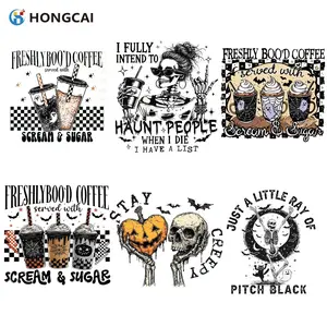 Halloween Skull Coffee Print Heat Transfer Vinyl Stickers, 6 Piece Set, High Quality DIY Decorations for T-Shirts, Hoodies, Bags
