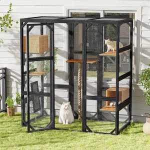 Outdoor Cat House, DIY Cat Enclosure, Cat Catio with Double Enter Doors, 62.8"L x 32.2"W x68.5"H Balcony Cat Playpen with Platforms and Two Condos for 1-3 Cats, Black Brown