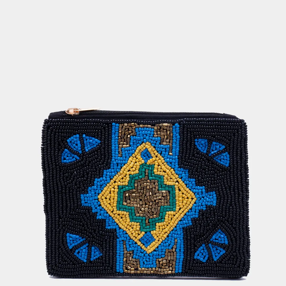Aztec Embroidered Wallet - Black Fabric with Blue and Yellow Embroidery, Simple Design