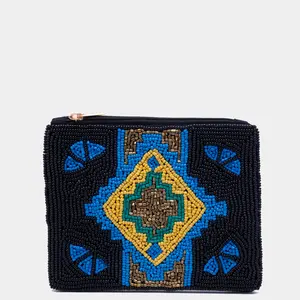 Aztec Embroidered Wallet - Black Fabric with Blue and Yellow Embroidery, Simple Design