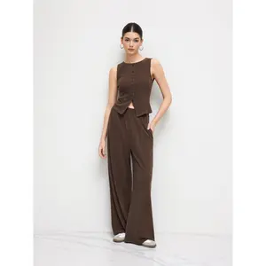 Cider Boat Neck Waistcoat & Mid Rise Elastic Waist Wide Leg Trousers Set