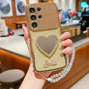 Glitter Heart Pattern Phone Case with Chain, Phone Decoration, Anti-drop Cellphone Protective Case, Shockproof Mobile Phone Cover for Samsung Galaxy S22 S23 S24