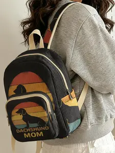 1 piece of lady's backpack with 2D printed dachshund pattern + 'MOM' slogan, velvet texture + layered storage + lightweight and easy to carry | perfect for students to go to class/shopping/short trips | combines atmosphere with practicality