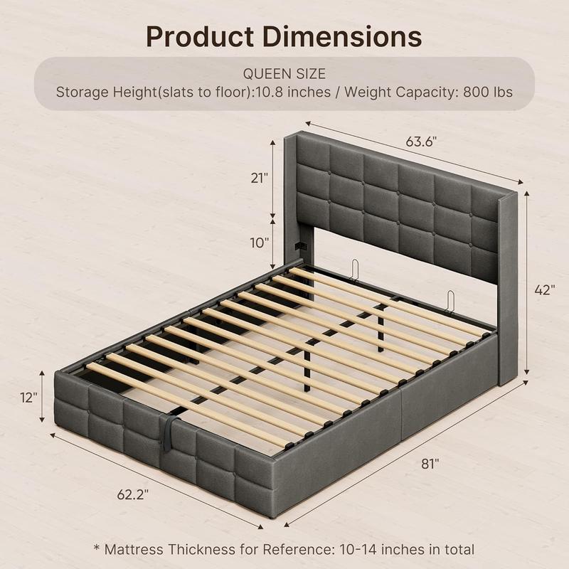 Gizoon Queen Lift Up Storage Bed with Storage, Upholstered Platform Bed Frame with Modern Wingback Headboard, Woodern Slats Support, Hydraulic Support, No Box Spring Needed