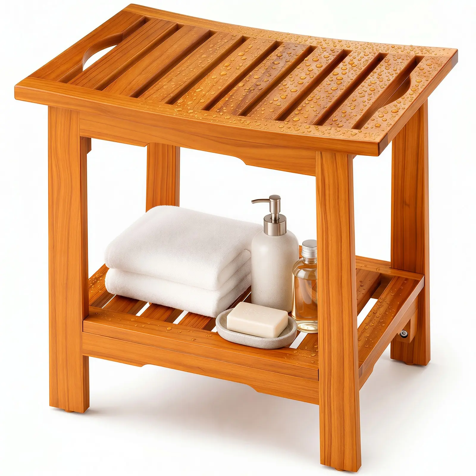 Pine Wood Shower Bench with Storage Shelf, Waterproof Bathroom Stool Seat with Handle, 2-Tier Bath Bench with Adjustable Non-Slip Feet for Shower, Tub & Spa