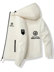 Circle Label Hooded Jacket, Polyester Fabric, Printed Ring Pattern, Casual Slim Fit, Spring & Fall Fashion Outerwear