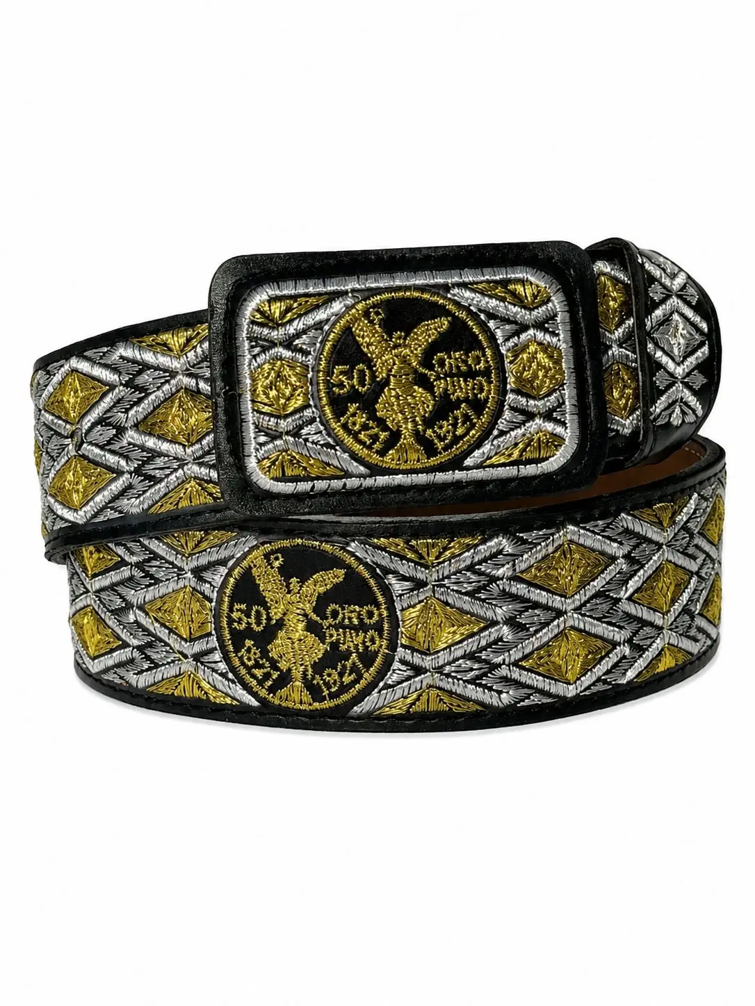 Men's Black and Silver/Gold "Galante" Embroidered 2-in-1 Western Thick Belt with Rectangular Buckle