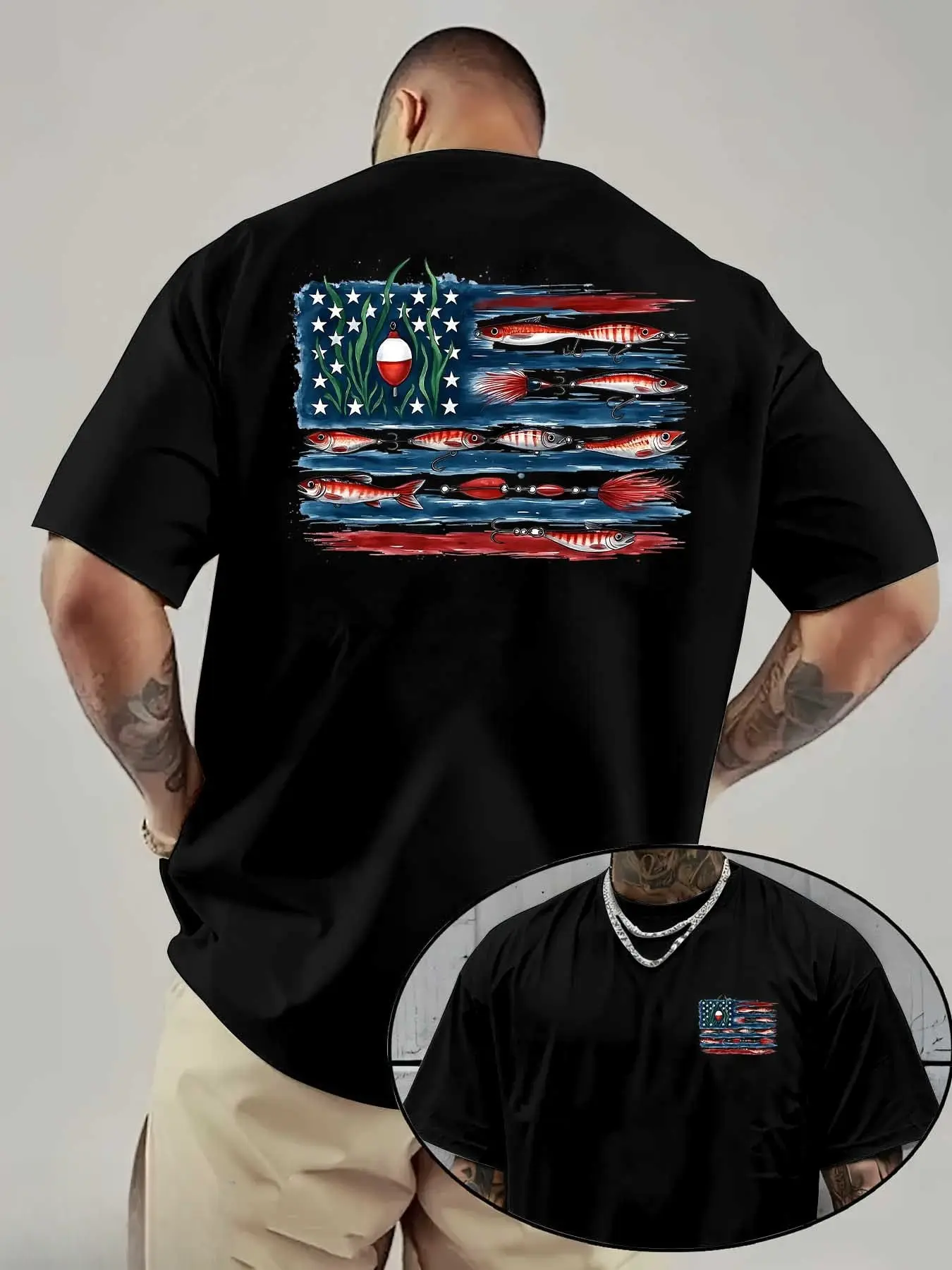 American Flag And Fish Print Short-Sleeve T-Shirt. The Design Combines The American Flag with Fishing Elements, Making It Suitable for Outdoor Fishing Enthusiasts in Summer. It'S a Great Father'S Day Gift Or a Special Present for Fishing Lovers.