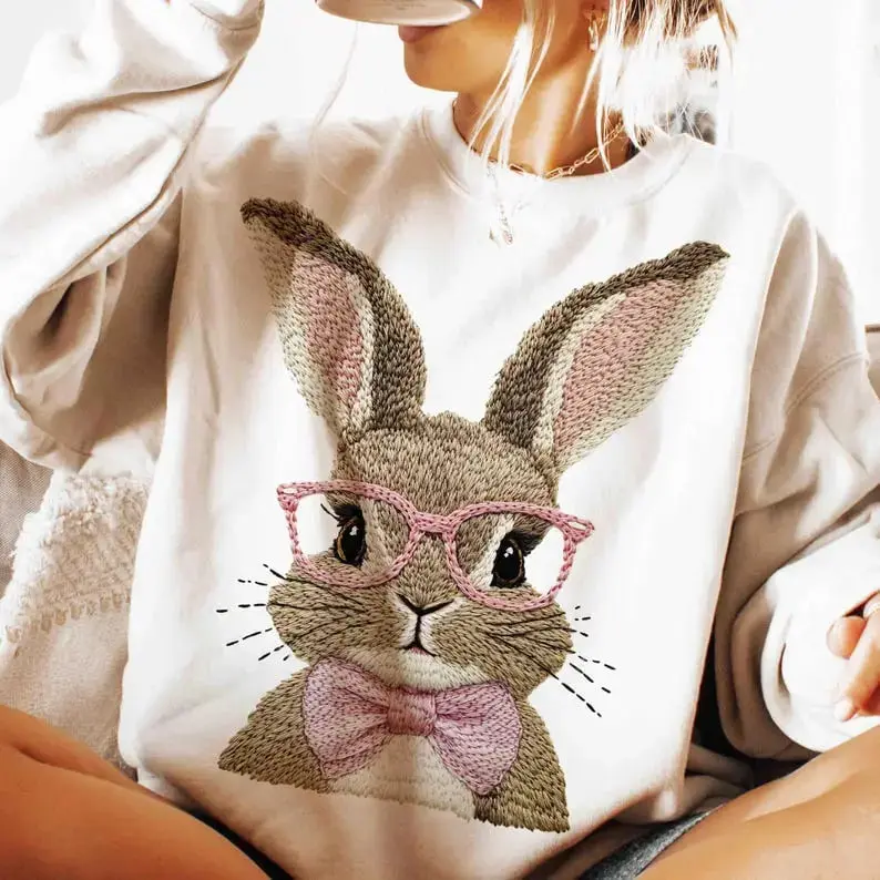Retro Easter Bunny Sweatshirt & Tshirt, Vintage Happy Easter Shirt, Graphic Tee Girly, Funny Easter Bunny Sunglasses Easter Holiday, Printed T-Shirt , Gift Easter