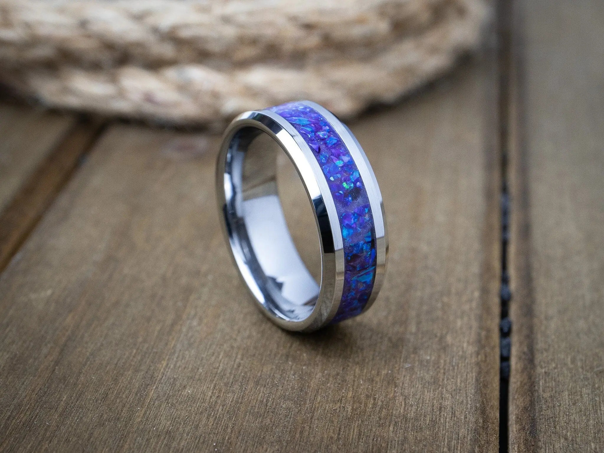 The Dark Violet, Purple Opal Tungsten Ring, Tungsten Carbide Wedding Ring, Men's Wedding Band, Colored Opal Ring, Wedding Band for Men & Women, Purple Opal