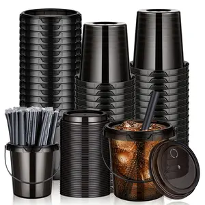 30 Sets 24oz Reusable Black PP Drink Buckets with Lids & Straws&handles, Halloween，iced coffee bucket,Leak-Proof,  Ideal for summerween Parties & Events, Food Truck Supplies,Drinking  Bucket with Handles for Coffee Lemonade Pool Picnic Party Supplies