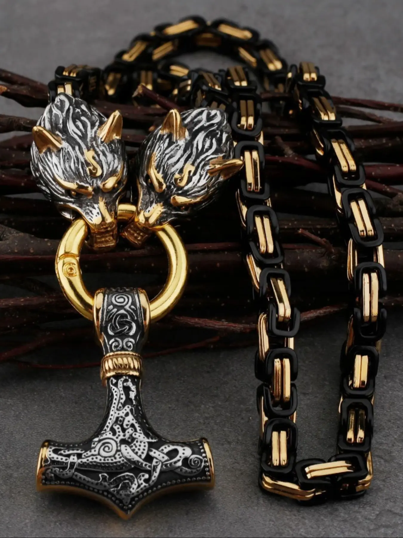 Nordic Vintage Mythical Hammer Pendant Wolf Head Necklace, Stainless Steel Chain, Chain Jewelry, Costume Jewelry Necklace, Punk Style, Party Accessory, Gift for Men