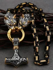 Norse Viking Myth Hammer Pendant, Wolf Head Cuban Link Necklace with Stainless Steel Chain, Charms Necklace, Punk Style Men's Accessories for All Seasons