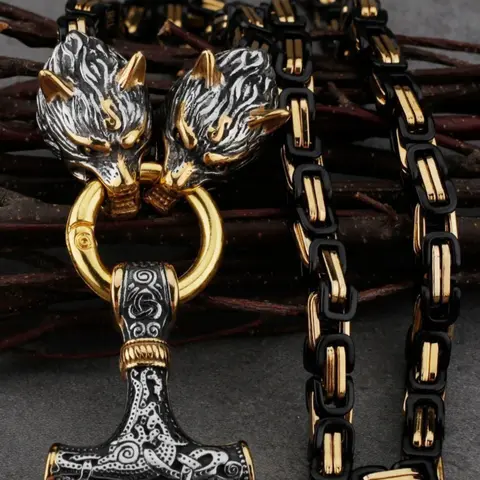 Nordic Vintage Mythical Hammer Pendant Wolf Head Necklace, Stainless Steel Chain, Punk Style Party Accessory, Gift for Men, Men Accessories