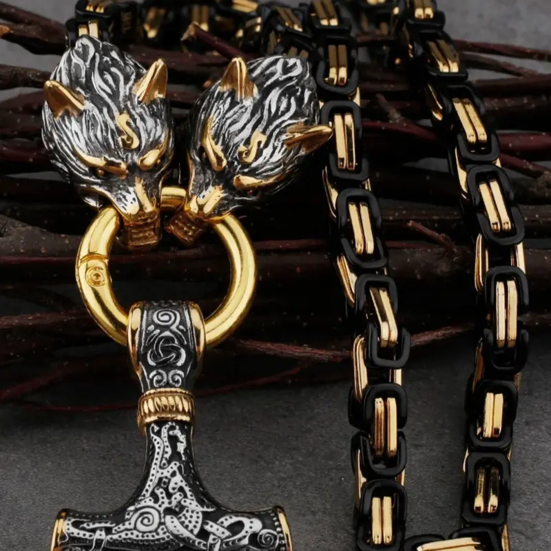 Nordic Vintage Mythical Hammer Pendant Wolf Head Necklace, Stainless Steel Chain, Punk Style Party Accessory, Gift for Men, Men Accessories