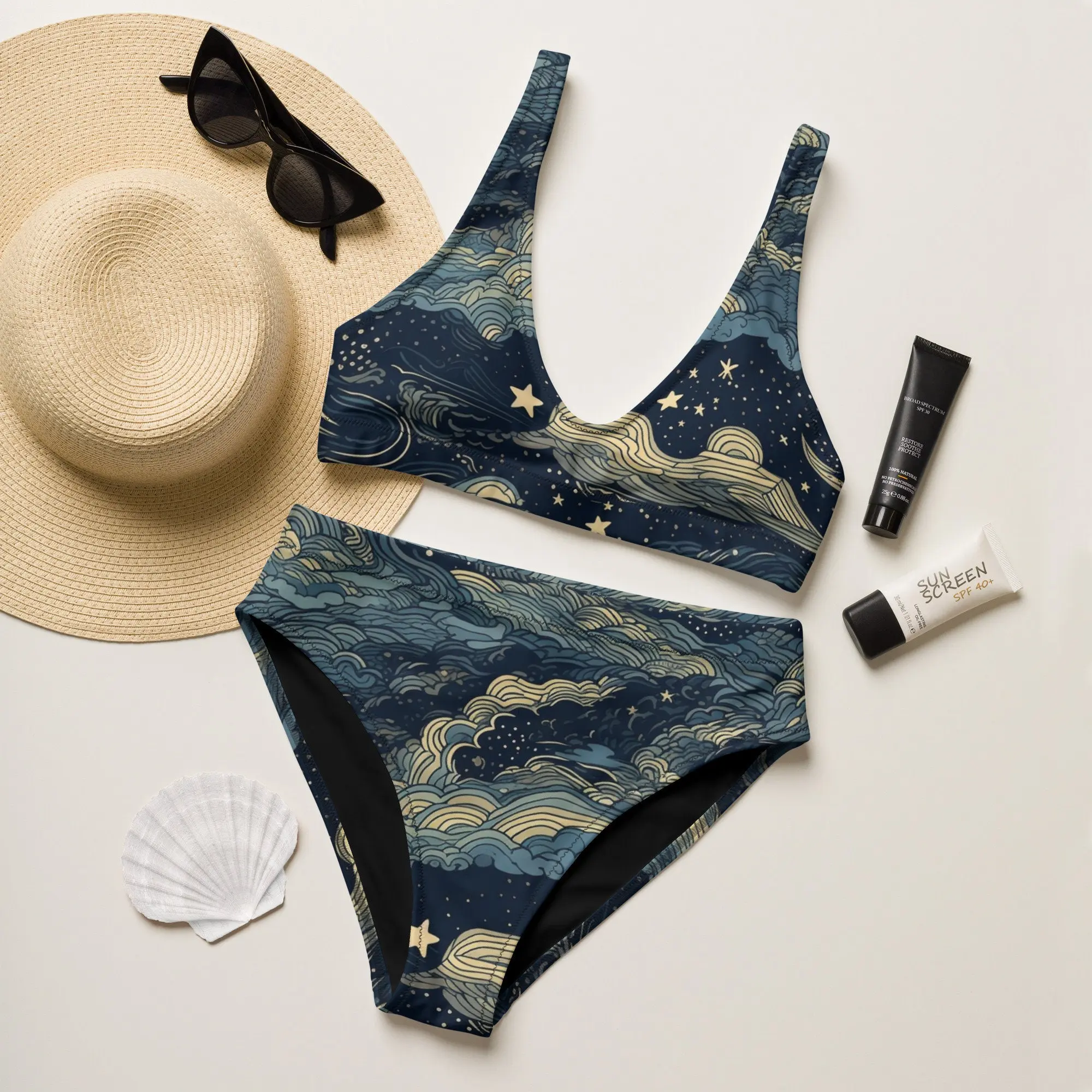 Van Gogh's Starry Night high-waisted bikini Recycled high-waisted bikini Sizes XS-3XL