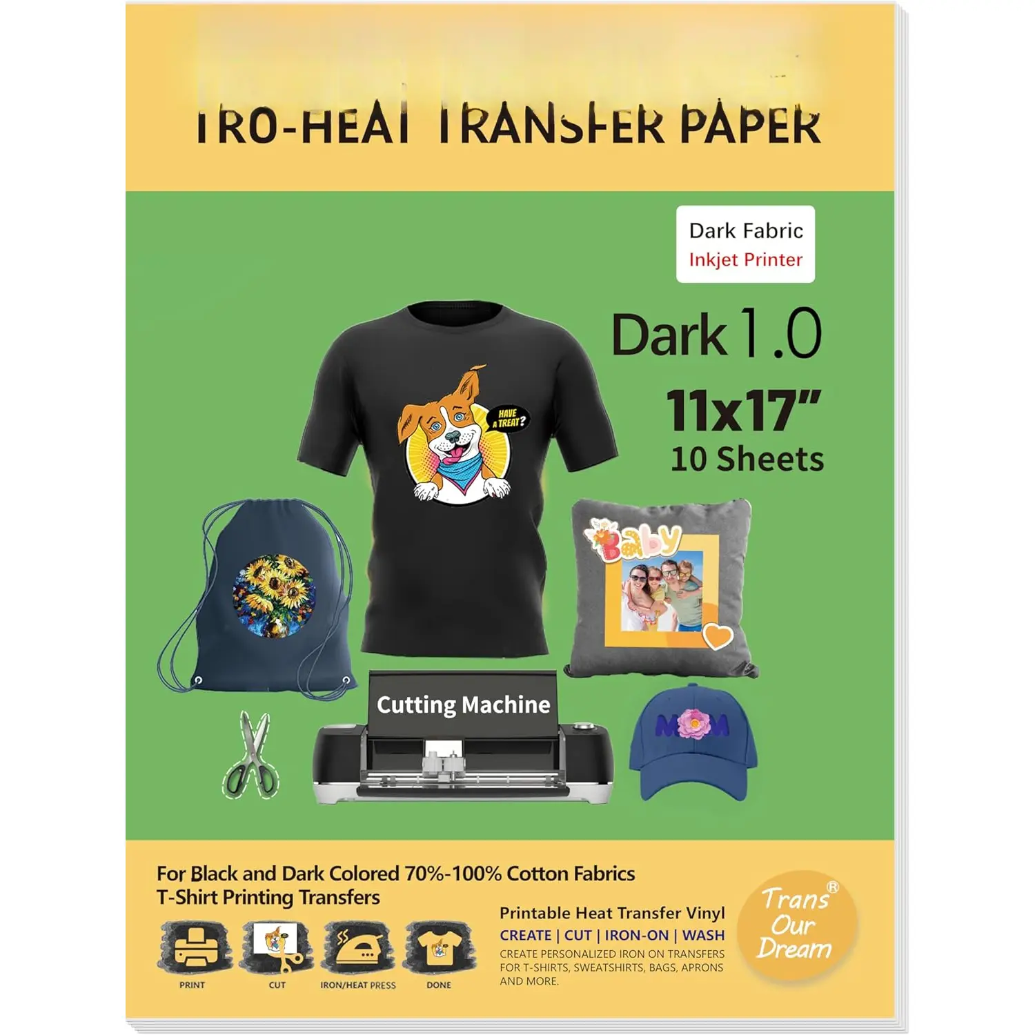 Dark Heat Transfer Paper for T Shirts (10 Sheets, 11x17") Printable HTV Heat Transfer Vinyl for Inkjet Printer Iron on Transfers for Dark Fabrics