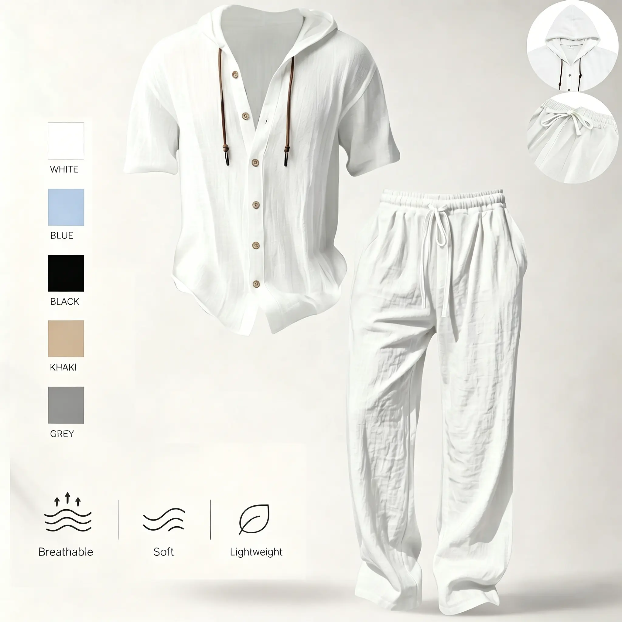 Men’s Linen material lightweight two-piece set ,Hooded short-sleeved shirt and wide-leg pants,casual vacation style, loose and breathable thin fabric, Hooded short-sleeved shirt and wide-leg pants, for summer wear