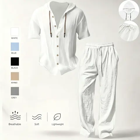 Men’s Linen material lightweight two-piece set ,Hooded short-sleeved shirt and wide-leg pants,casual vacation style, loose and breathable thin fabric, Hooded short-sleeved shirt and wide-leg pants, for summer wear