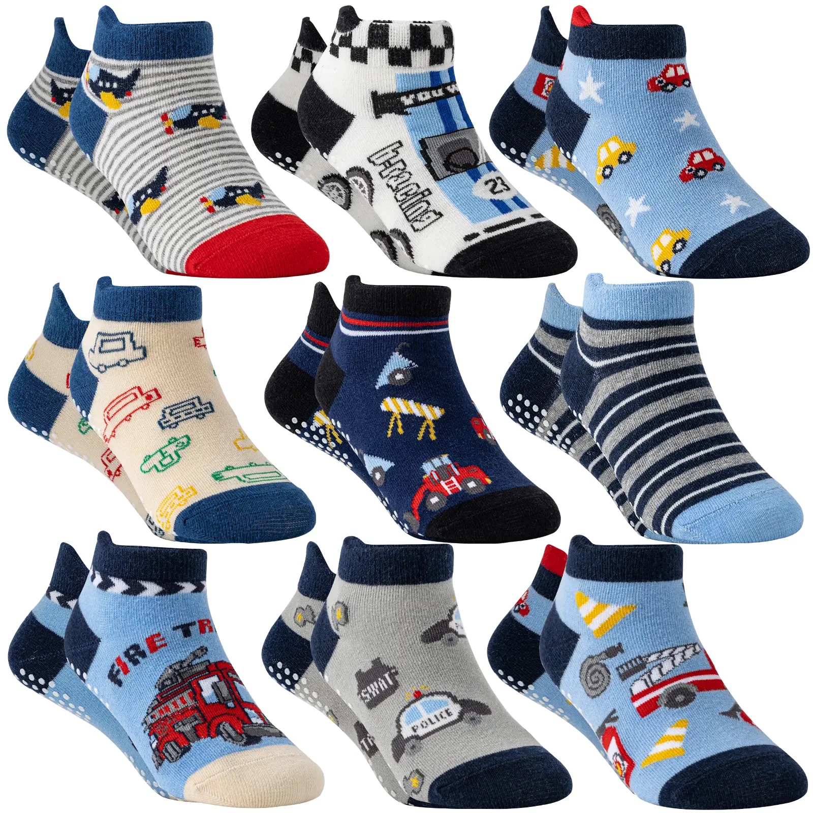 9 Pairs Of Baby Boys Toddlers Grips Socks Kids Non Slip Anti Skid Ankle Car Cotton No Show Socks With Grippers Gift Socks