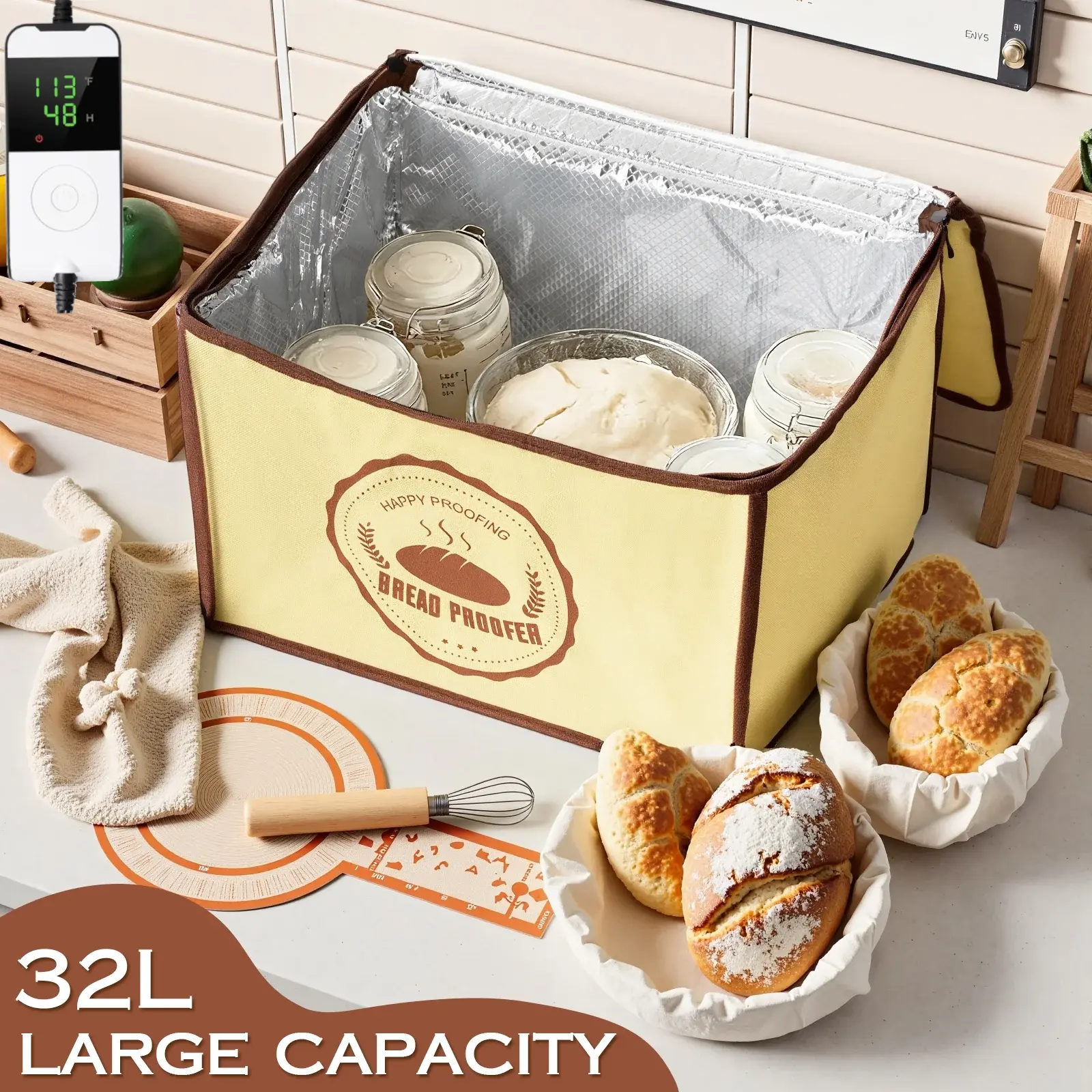 Folding Bread Proofing Box Kitchen Utensils - 50-113℉ Temp Control, 48H Timer, Metal Rack, Humidor, Recipes Included, Ideal for Sourdough, Bread Baking, Yogurt, Precise Bakeware Control
