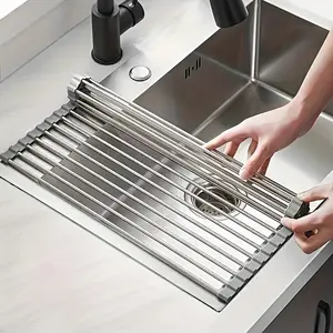 Space-Saving Stainless Steel Dish Drying Rack | 1pc Deluxe Roll-Up Over-The-Sink Design, Portable & Anti-Rust, Easy to Clean Kitchen Sink Organizer for Small Spaces, Dish Drying Rack for Kitchen Counter, Sleek Metallic Finish, Durable Construction