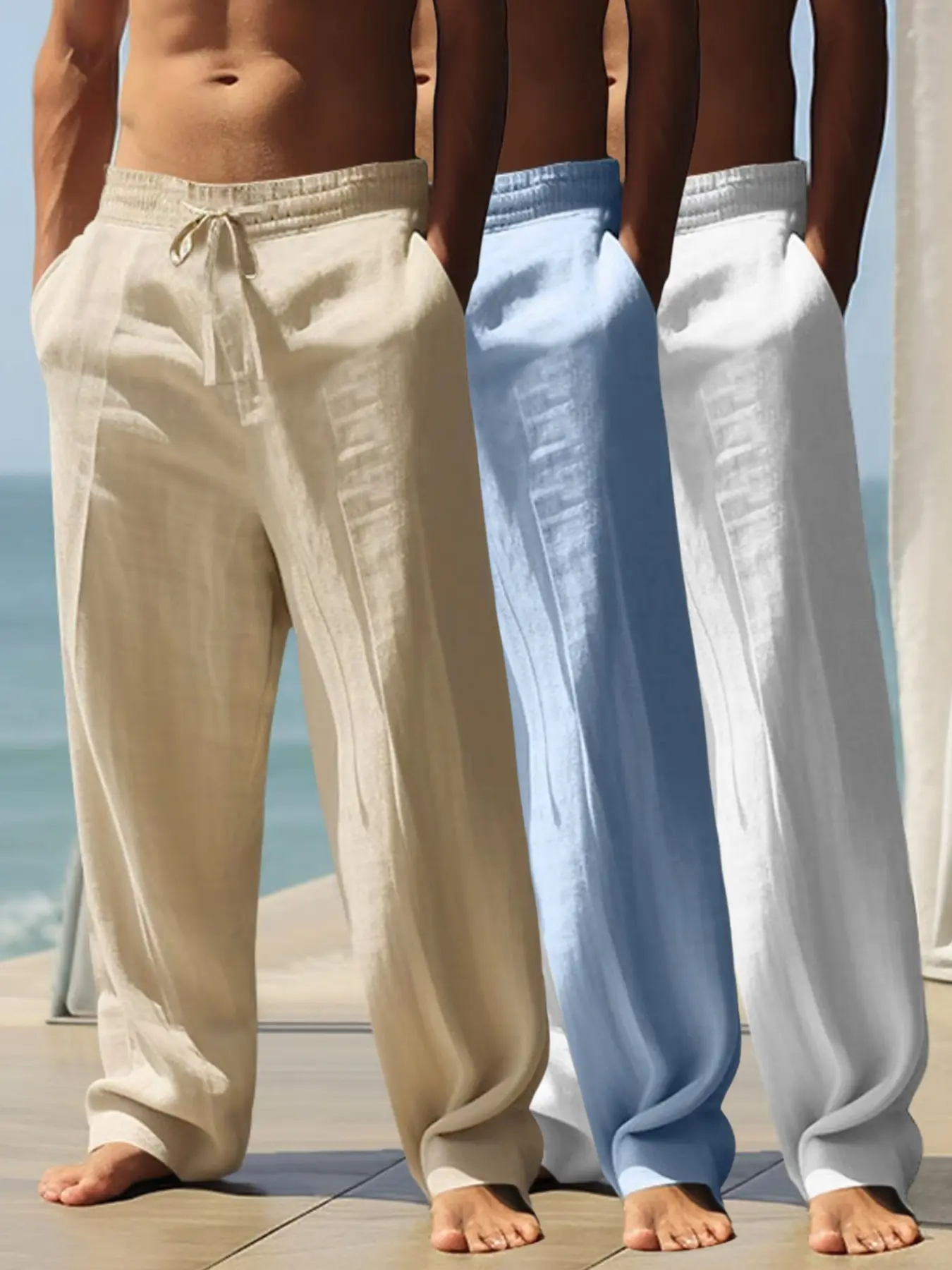 Versatile Solid Color Linen Blend Straight Pants for Men, Soft Lightweight Casual Trousers with Adjustable Drawcord, Perfect Daily Wear to Build Effortless Summer Outfits & Minimalist Mensfashion