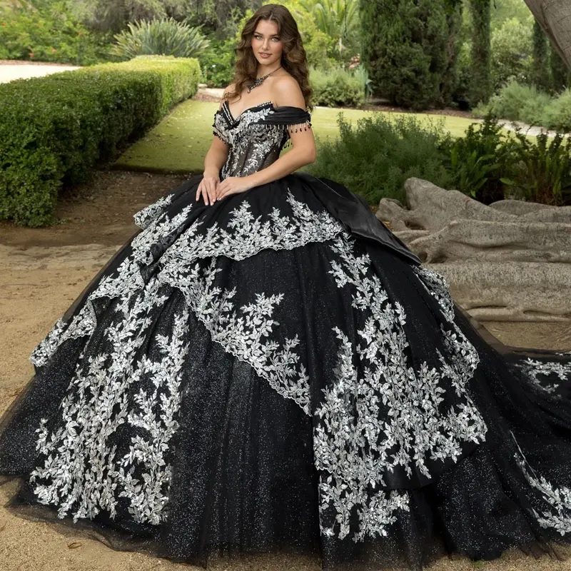 black and silver quinceanera dresses Black 3D Flower Tiered Prom Dresses Strapless Quinceanera Dress 24397 Black / 20W main image 0