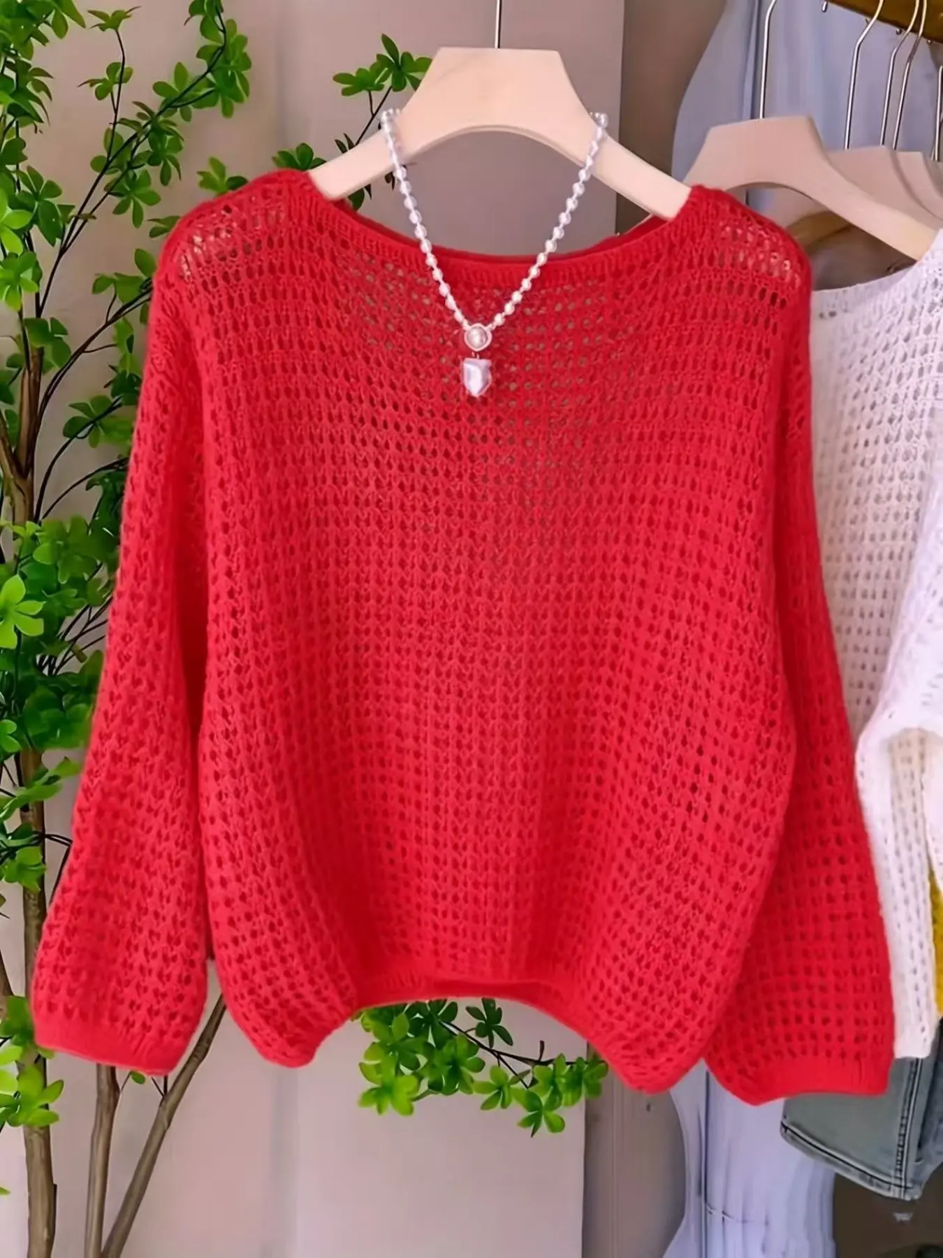 Women's Summer Hollow Out Knit Fabric Sweater, Thin Fashion Long Sleeve Top, Breathable Loose Fit Casual Wear, New Arrival, Womenswear, Knitwear, Knitting, Elegance, Lady, Casual Cozy Pullover