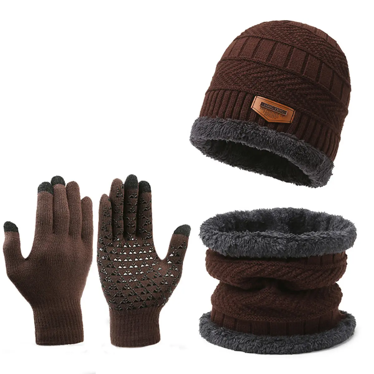 3pcs Winter Hat Cap Set Plush Lined Knit Beanie Scarf Gloves Thermal Accessories Trio Soft Unisex Touchscreen Gloves for Cold Weather Machine Washable