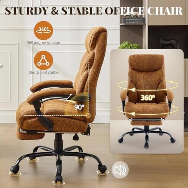 Big and Tall Office Chair 500LBS with Footrest,Ergonomic Leather Executive Chair with Adjustable Height & Flip-up Armrests,Wide Reclining Computer Desk Chair for Home Office or Gaming,Brown