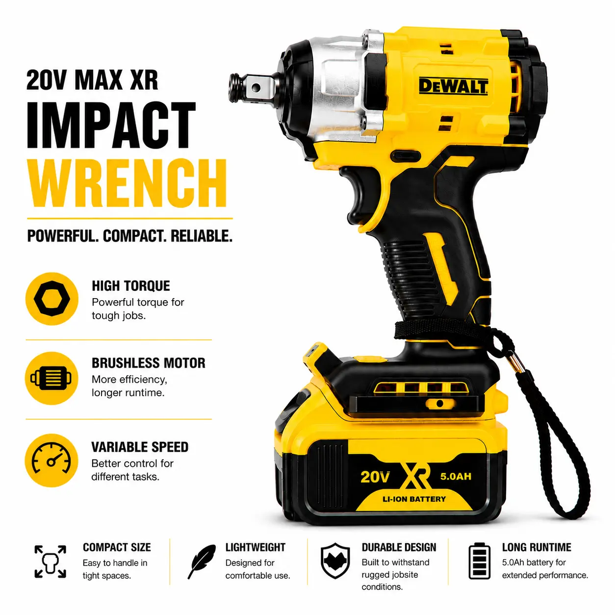 DEWALT Cordless Impact Wrench Kit with Hex Bit Set - Cordless Tools, High-Torque Lithium Battery Impact Gun, Durable Metal Gear, Reinforced Housing, Fast Nut & Bolt Handling, Automotive Lug Nuts Repair