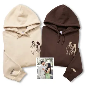 Custom Embroidered Couple Hoodie with Outline Portrait – Personalized Unique Gift for Lovers, Anniversary or Valentine Gift, Mother's Day Gift for Mom