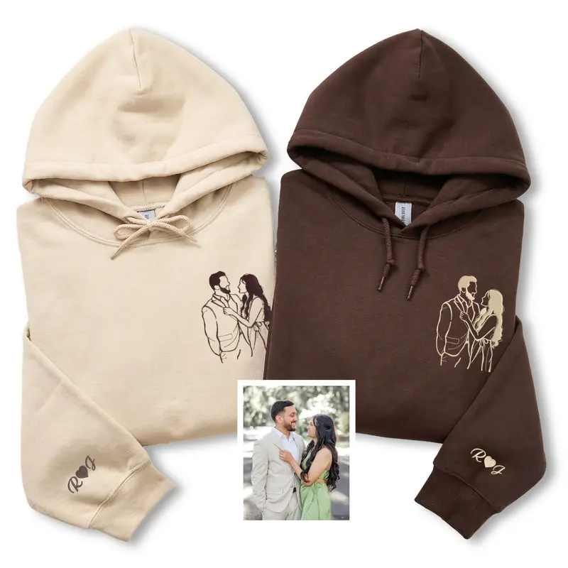 Custom Embroidered Couple Hoodie with Outline Portrait – Personalized Unique Gift for Lovers, Anniversary or Valentine Gift, Mother's Day Gift for Mom