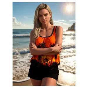 FSTVE Tankini Swimsuit for Women Palm Tree Print U-Neck Slim Fit Two Piece Tummy Control Bathing Suit Beach Vacation Swimwear Adjustable Straps