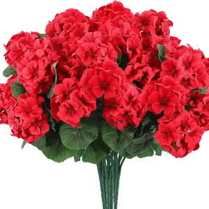 Pack of 6 - Artificial Geraniums Bundles Full Blooms Silk Flower Plants Arrangements Geranium Bush Red Color for Home Garden Wedding Indoor Outdoor Decor, Lifelike, Decorative Artificial Flowers