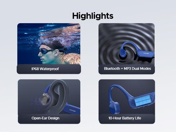 BoneBeat Swim Lite IP68 waterproof bone conduction headphones, Bluetooth + MP3 dual modes, open-ear design, up to 10 hours of playtime, Ideal for long swims, fitness, and outdoor adventures