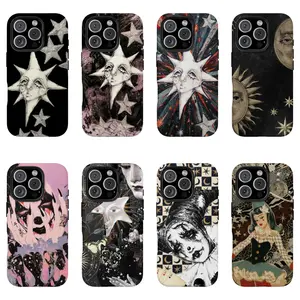Whimsigoth Celestial Star & Dark Academia Clown Phone Case, Retro Y2K Grunge Aesthetic Phone Cover for iPhone 17 Pro Max 16 15 14 13 12 11 | Whimsical Moon & Star Tough Case, Gothic Pierrot Clown Checkerboard Print, Indie Alt Fairycore Protective Cover